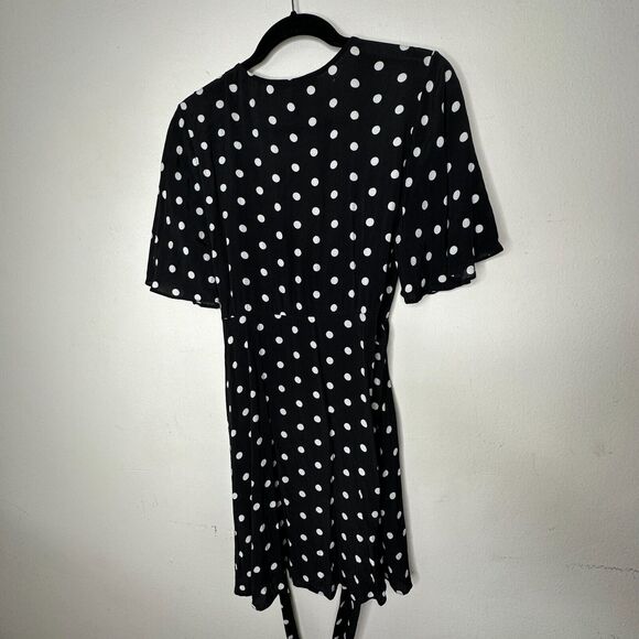 House of Harlow Black White Polka Dot Harper Wrap Mini V-neck Short Sleeve Tie L - Picture 7 of 16